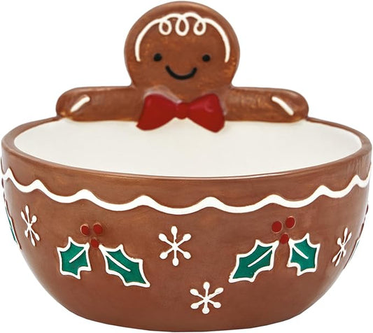 Bico Traditional Gingerbread Man Ceramic Candy Bowl, 17oz – Hand-Painted Holiday Treat Bowl, Christmas Decorative Dish for Candy, Jam, or Sauce – Microwave & Dishwasher Safe