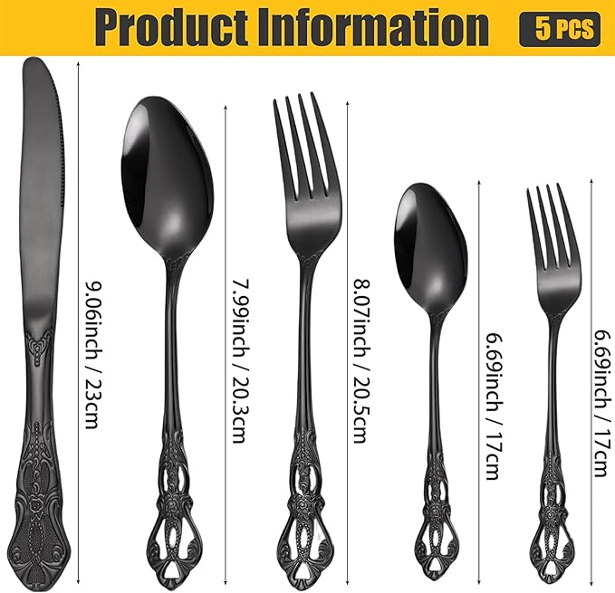 Vilihkc Gorgeous Retro Royal Stainless Steel 5 Pieces Flatware Set, Silverware Set, Anti-rust Stainless Steel Cutlery Set Utensils Including Fork Spoon and Knife