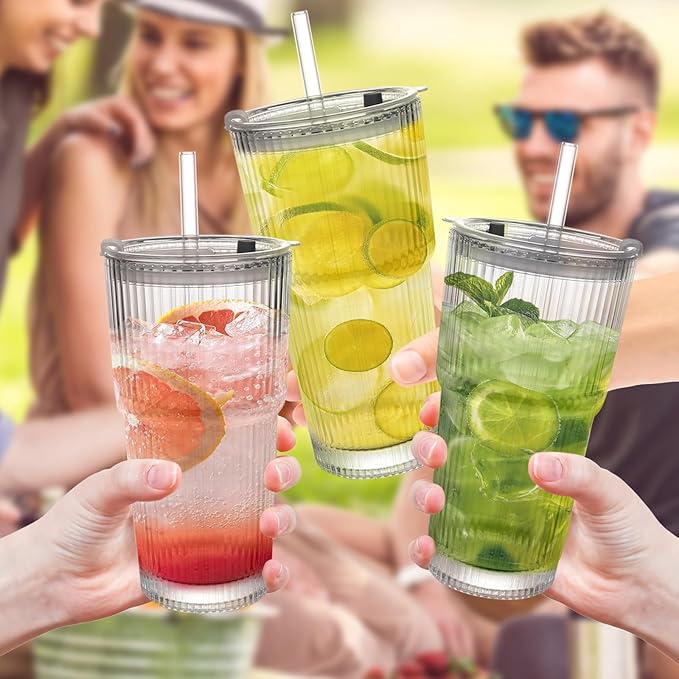 CHPINDAM Ribbed Drinking Glasses,with Lids and Straws Glass Cup,19oz Glass cup,4 Pack Old Fashioned Glasses,Thickened for iced coffees,cocktails and juices, perfect for families and parties (4)