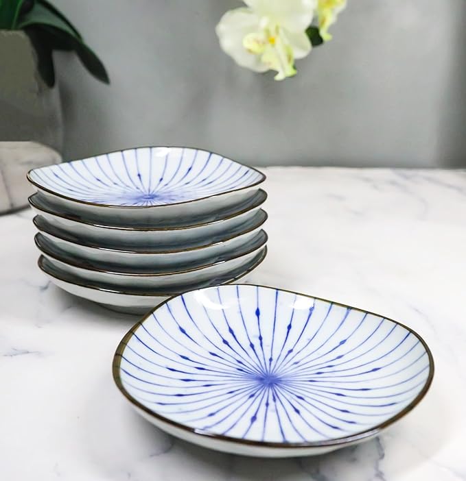 Ebros Gift Artistic Blue Waves Fubuki Tokusa Made In Japan Dinnerware Serveware Kitchenware Set Asian Japanese Restaurant Supply (Pack Of 6 Round Flair Salad Appetizer Small Plates)