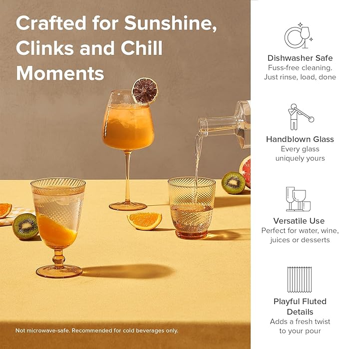 mopio Zest Fluted Goblet Set of 4, 11.5 oz, Dishwasher Safe, Trendy Party and Home Bar Stemware for Cocktails and Wine, Perfect Drinkware Gift in Eco-Friendly Packaging, Soda-Lime Glass (Peach)