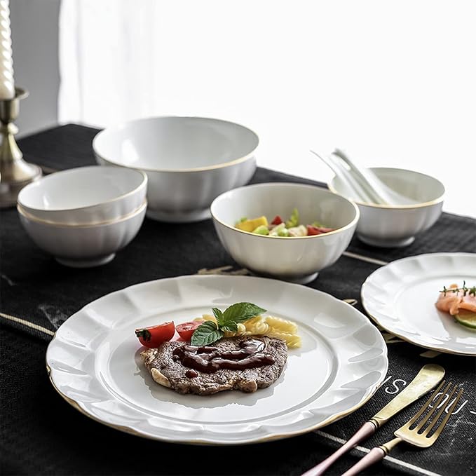 Ceramic Dinnerware Set Collection - Penh Ceramics Bowls and Plates Sets, 16 Piece Dish Set Includes Dinner Plate, Salad Plate, Soup Bowl, and Mug, Tableware Combination Set, White