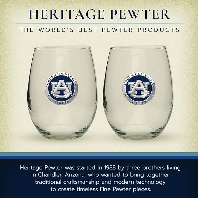 Heritage Pewter Auburn Tigers Stemless Glass Goblets – Set of 2 | 15 OZ Goblet Wine Glasses | Expertly Crafted Pewter Glass