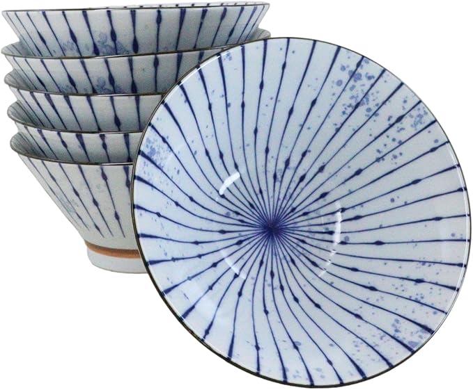 Ebros Gift Artistic Blue Waves Fubuki Tokusa Made In Japan Dinnerware Serveware Kitchenware Set Asian Japanese Restaurant Supply (Pack Of 6 Medium 38oz Ramen Soup Donburi Rice Salad Bowls)
