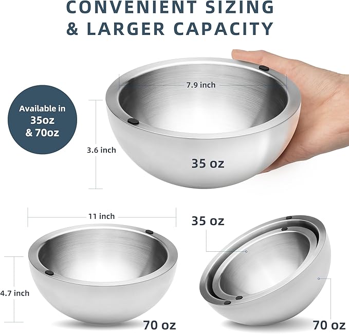 Dip Chiller Bowl - 35oz Capacity - Frozen Ice Stainless Steel Party Serving Bowl - Insulated Dip Dish Platter Keeps Salsa, Guacamole, Condiments, Sauces, Salad & Food Hot or Cold (2 Bowls)