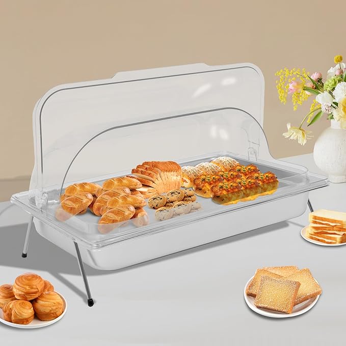 Ice Food Serving Tray, Stainless Steel Food Serving Container with Clear Roll Top Cover, Cold Buffet Platter Cooler Chiller, Food Display Plate with Ice Tray for Seafood Fruit Desserts Party