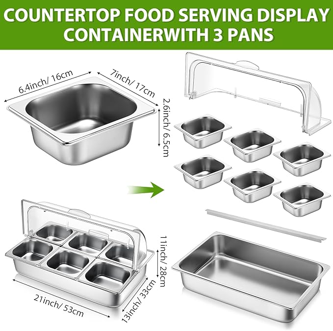 6 Pan Chilled Buffet Server Stainless Steel Countertop Food Serving Display Container with Clear Roll Top Cover Serving Tray Buffet Condiment Dispenser Ice Cooled Food Display Rack