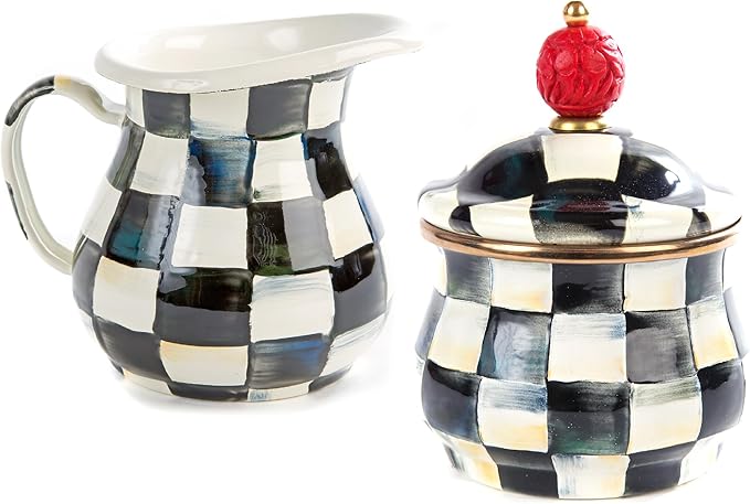 MACKENZIE-CHILDS Enamel Creamer and Sugar-Bowl Set, Cream Dispenser and Sugar Holder, Unique Kitchen Decor, Black-and-White Courtly Check