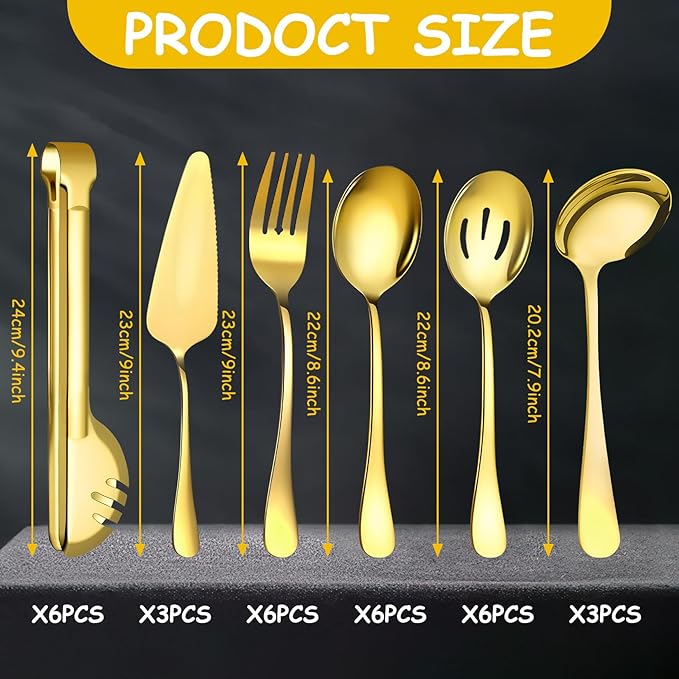 30 Pcs Gold Serving Utensils Set Include Stainless Steel Large Serving Spoons Slotted Spoons Forks Soup Ladle Pie Server - Metal Utensils for Parties Buffet Catering, Dishwasher Safe