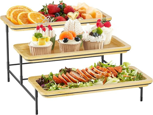 Lifewit 3 Tier Bamboo Serving Tray for Party Supplies, 12" x 6.5" Platters for Serving Food, Reusable Trays with Black Metal Display Stand for Veggie, Fruit, Cookies, Dessert