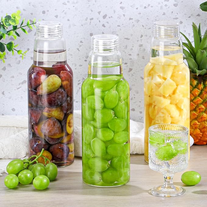 CWHHRN 34 Oz Glass Juice Bottles with Lids, Glass Bottles, BPA Free, Borosilicate Glass for Juicing, Smoothies, Infused Water, Beverage Storage, Shaker Bottles (4 Pack)