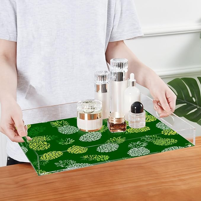 Serving Tray with Handles Clear Acrylic Tray 12x16 Inch Decorative Rectangular Tray Organizer for Ottoman Coffee Table Bathroom Green Pineapple