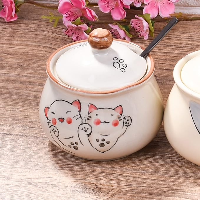 Ceramic Sugar Bowl with Lid and Spoon, Japanese Sugar Bowl with Spoon and Lid (Style 2)