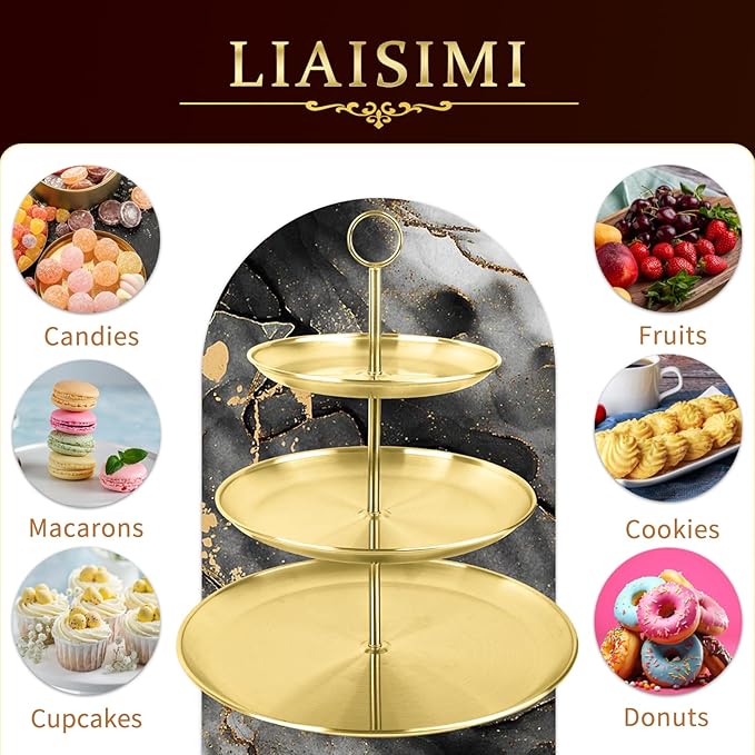 3 Tier Gold Cupcake Stand Stainless Steel Dessert Display Rack with Removable Tiered Tray for Parties,Weddings,Birthdays,Decorations,Any Festivals and Festivities(Stainless Steel Pole-2 Pack)