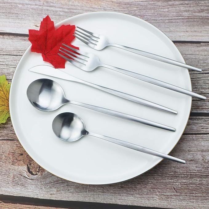 Silverware Set JASHII 40 Pieces Flatware Set 304 Stainless Steel Flat Cutlery Set for 8 Matte Kitchen Forks Knife Spoons Set, Satin Finish Tableware Set for Home and Restaurant, Dishwasher Safe
