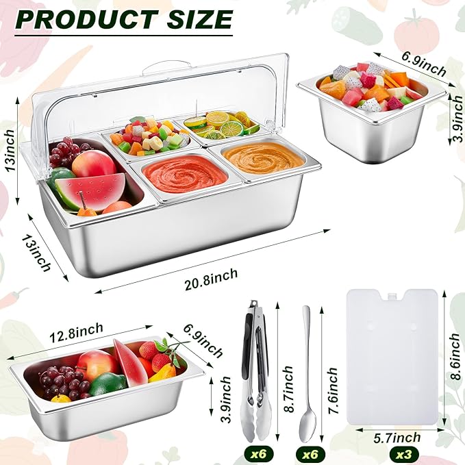Tessco for you 16 Pcs Ice Food Spice Serving Display Countertop Chilled Condiment Container Set with Lid, Stainless Steel Salad Cold Caddy for Buffet Restaurant Kitchen Party(5 Compartments)
