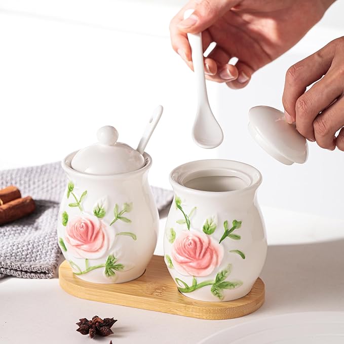 Hand Drawn Relief ceramics Ceramic Sugar Bowl 2 Pack, PorcelainJar with Tray, Spoon and Lid for Sugar, Pepper, Coffee, Spice, Salt, 8 Ounces (Hand Drawn Relief)