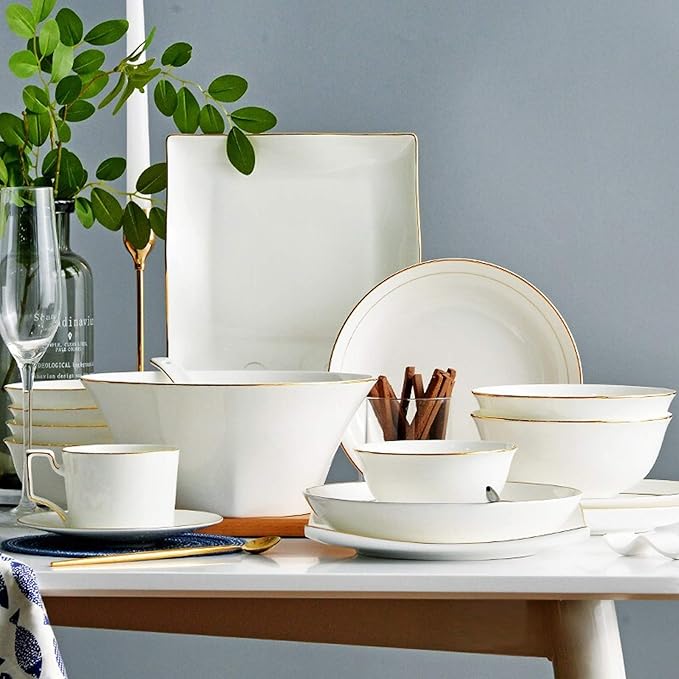 Stylish Dinner Plates,Ceramics Dinnerware Sets, 32 Pieces Bone China Dinner Combination Set Pure White Porcelain Cereals Bowls/Steak Plates for Wedding Gifts,