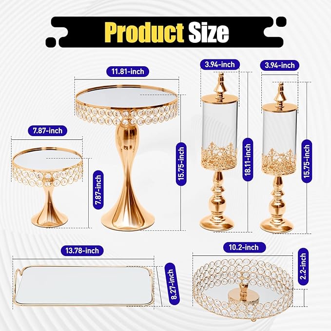 10PCS Wedding Metal Dessert Table Set, Crystal Cake Stand Cupcake Holder Gold Cake Display with Acrylic Mirror Surface, Cupcake Dessert Plate Display for Birthday Party