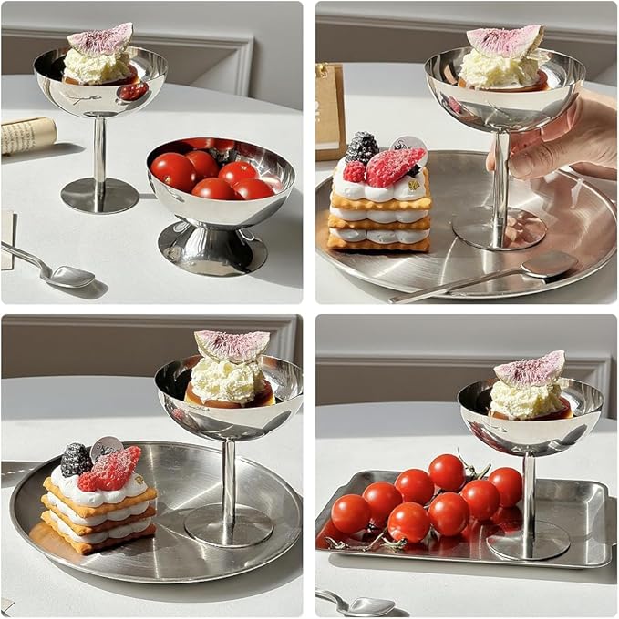 Hapivida Ice Cream Cup, 4Pcs Stainless Steel Serving Dessert Bowls Cups Sauce Bowls Mini Round Footed Yogurt Snack Candy Cups for Salad Fruit Pudding Christmas