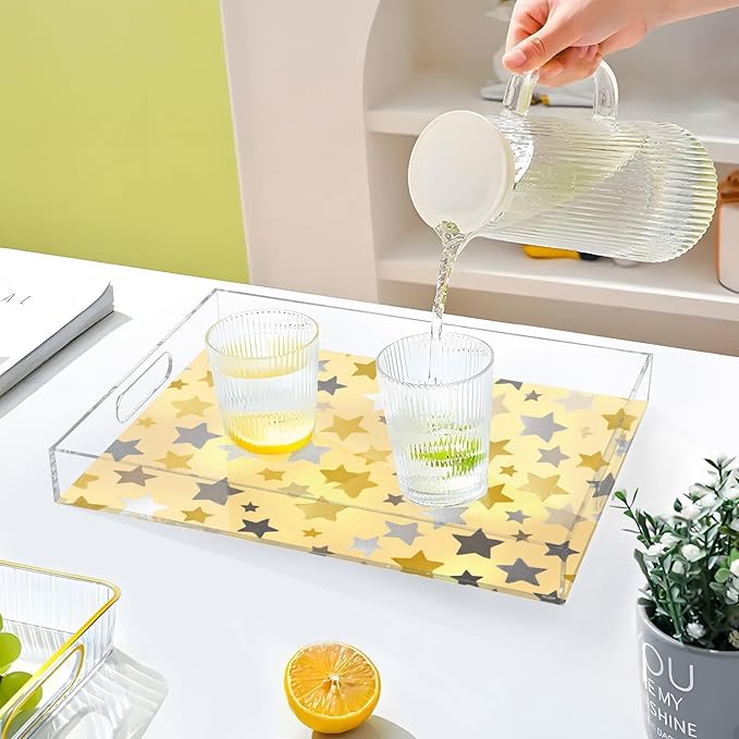 Serving Tray with Handles Clear Acrylic Tray 12x16 Inch Decorative Rectangular Tray Organizer for Ottoman Coffee Table Bathroom Cute Silver and Golden Stars