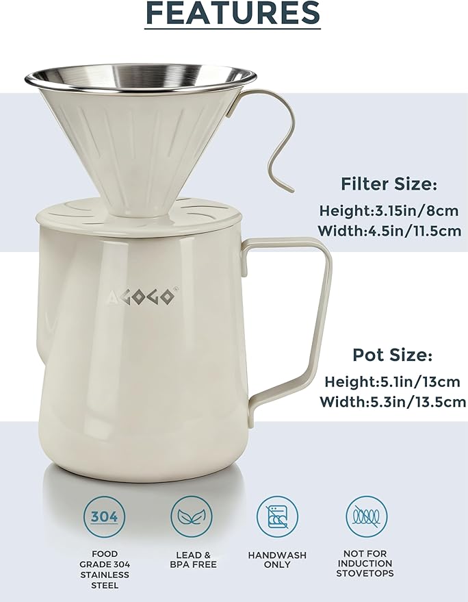 AGOGO Portable Pour Over Coffee Maker V60 Set - Easy Cleaning Compact 304 Stainless Steel Dripper for Camping & 50 Filters Paper & Cleaning Rag Cream 30oz