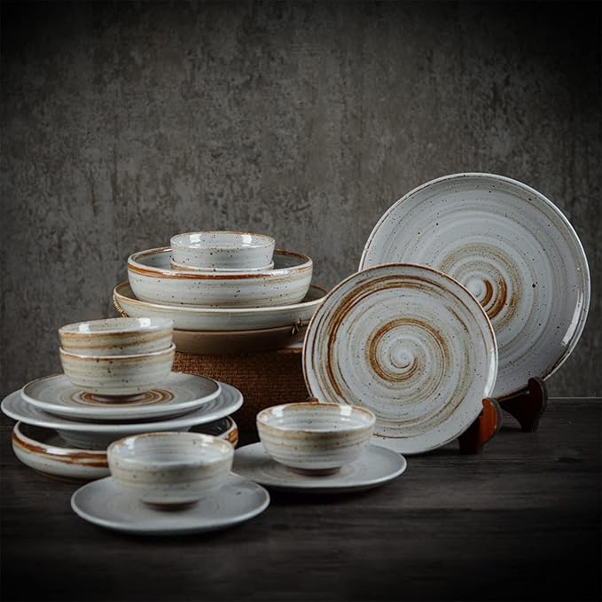 Dinnerware Sets, Porcelain Bowls and Plates Sets, Ceramic Dinnerware Set Retro, 16 Pcs Stoneware Dishes Set for 4, Plate/Bowl Tableware Combination Set for Family Party