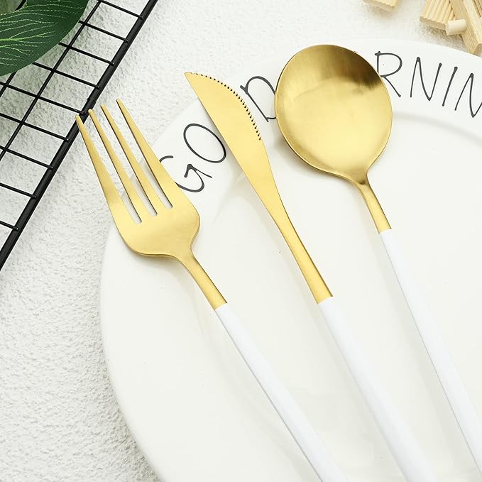 30-piece White and Gold Silverware Set with Steak Knives for 6, 18/0 Stainless Steel Flatware Cutlery Set, Hand Wash Recommended,Matte Finished