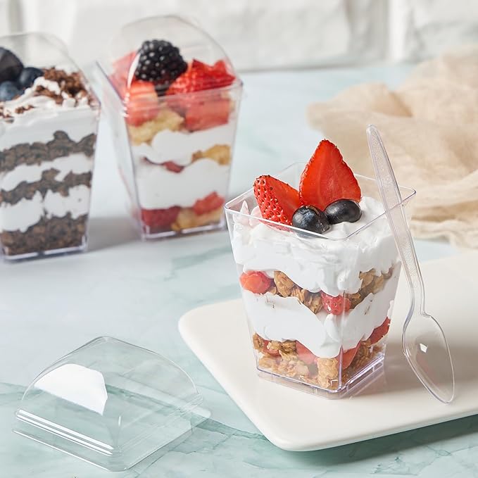 5oz Plastic Dessert Cups with Dome Lids and Spoons, 50 Pack Mini Clear Parfait Cups Square Party Serving Cup for Pudding, Appetizer, Fruit and Ice Cream
