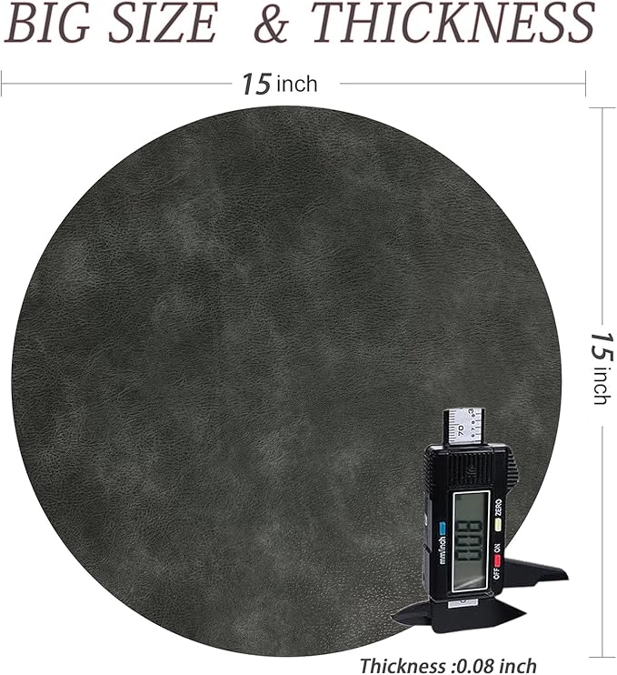 UnivoColors PU Leather Placemats Set of 6,15 Inches Round Washed Cowhide Pattern Table Mats for Dining Table, Kitchen, Party Decoration(Dark Gray)