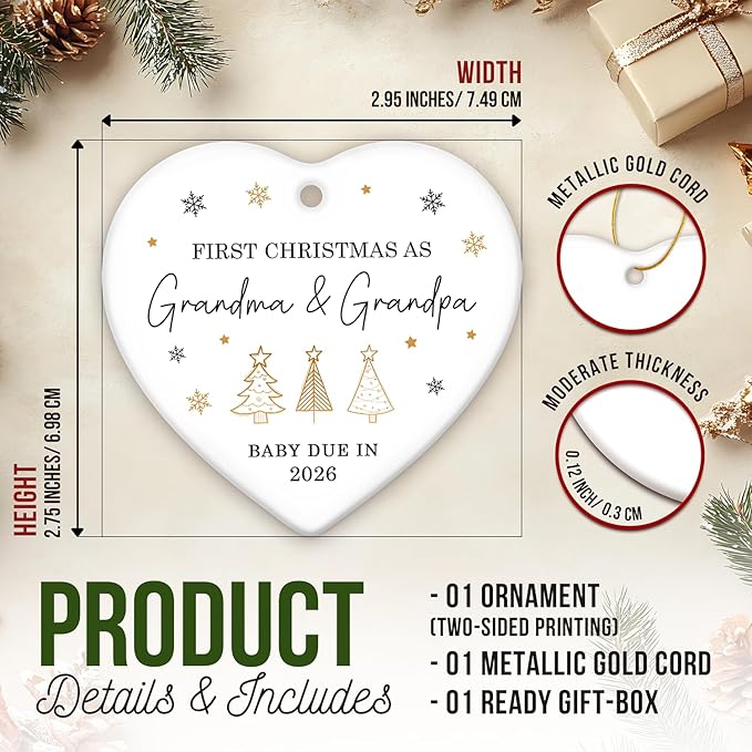 ZAGKOO First Christmas as Grandma and Grandpa Ornament 2025 - Baby Due in 2026 Ornament - New Grandparents Promoted to Grandparents Pregnancy Announcement Ceramic Heart Ornaments
