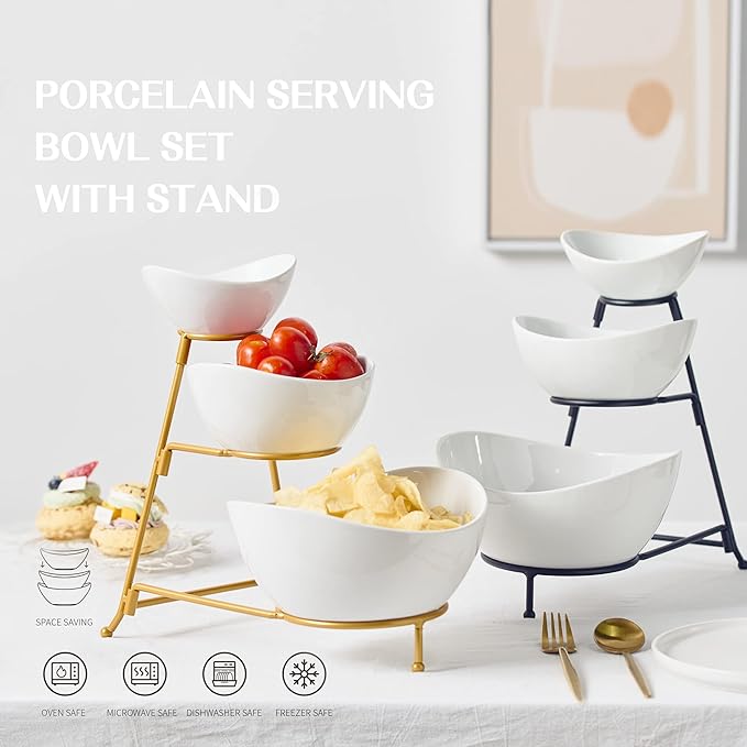 Gomakren 3 Tiered Oval Serving Bowl With Collapsible Metal Rack, Chip and Dip Serving Set, Dessert Appetizer, Candy, Fruit, Vegetable Bowl Set, Christmas Serving Bowls For Entertaining (Black Stand)