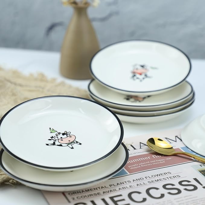 Funny Cartoon Cow Bird Pattern Ceramic Sauce Dishes, Seasoning Dishes, Sushi Soy Dipping Bowls, Appetizer Plates, Dessert Plates, Little Cat Bird Feeding Bowls, Set of 6-Colorful-5 Inch