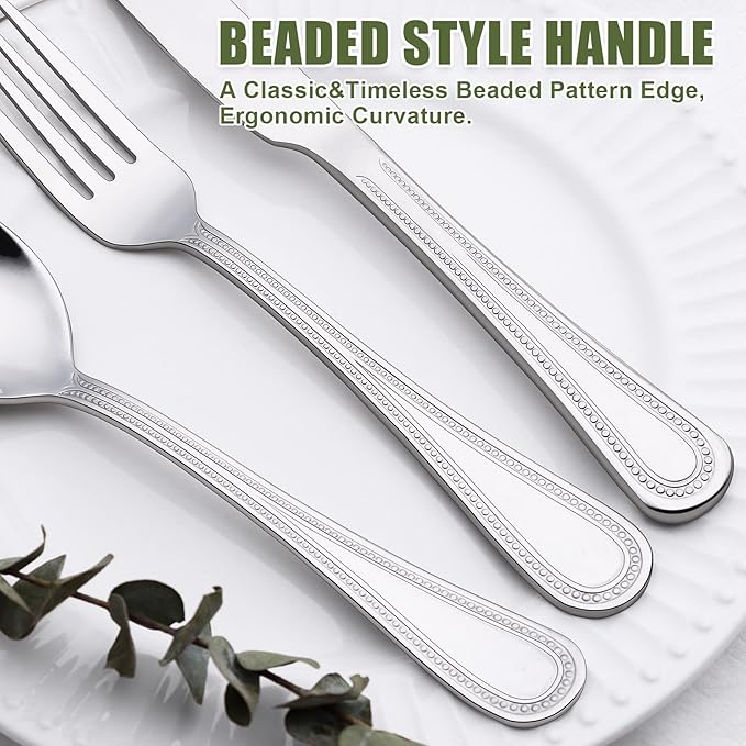 40 Piece Silverware Set for 8, Terlulu Stainless Steel Flatware Set, Mirror Polished Cutlery Set Utensil Set, Tableware Include Forks Spoons Knives for Home Restaurant, Beaded Handle, Dishwasher Safe
