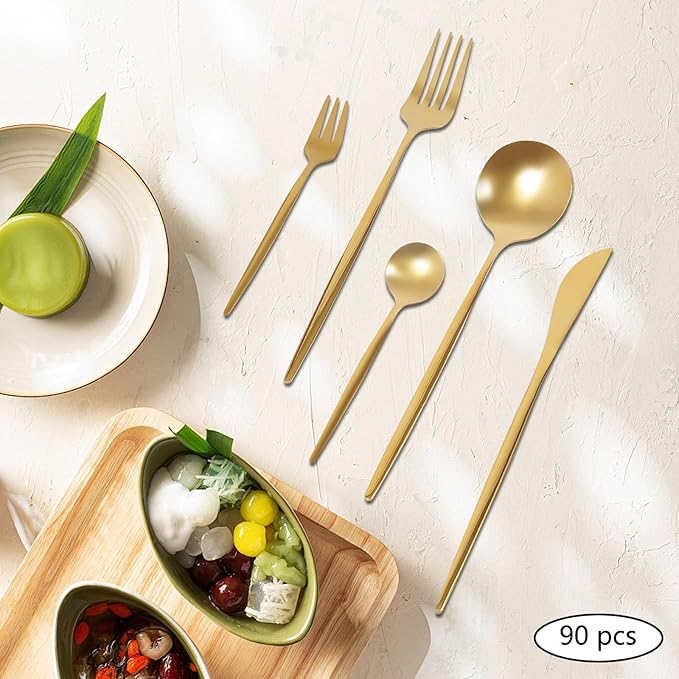 90PCS Gold Dinnerware Set, Gold Flatware Cutlery Set, Stainless Steel Utensils Set for Home Restaurant