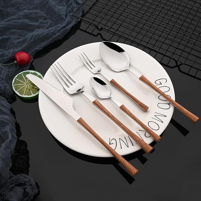 JASHII 24pcs Stainless Steel Imitation Wood Handle Cutlery Set, Knife Fork Tea Spoon Silverware Kitchen, Silver Flatware Set for 6, Mirror Polished Small Waist Handle - Brown&Silver