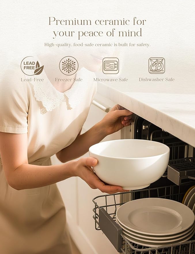 AISBUGUR 39 OZ Large Soup Bowls,Porcelain Salad Bowls Set of 4,Pho Bowls for Soup,Salad,Cereal,Pasta,Fruit,White Bowls Set for Dishwasher & Microwave Safe