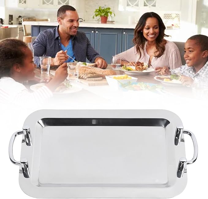 Stainless Steel Buffet Plate, Mirrored Silver Tray, Bright Mirror Finish Serving Tray with Handle for Hotel Restaurant Banquet (Square Length 43 cm)