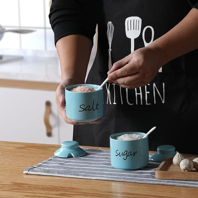 ONTUBE 8oz Sugar and Salt Bowls with Lid and Spoon, Ceramics Condiment Pots,Seasoning Jar Spice Container for Kitchen,Dishwasher Safe (Turquoise)