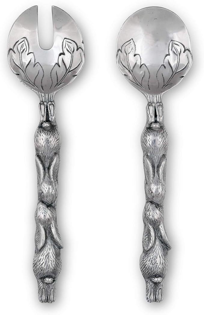 Arthur Court Designs Aluminum Metal Bunny Salad Serving Spoon and Salad Serving Fork, Salad Servers Set 11 inch Long