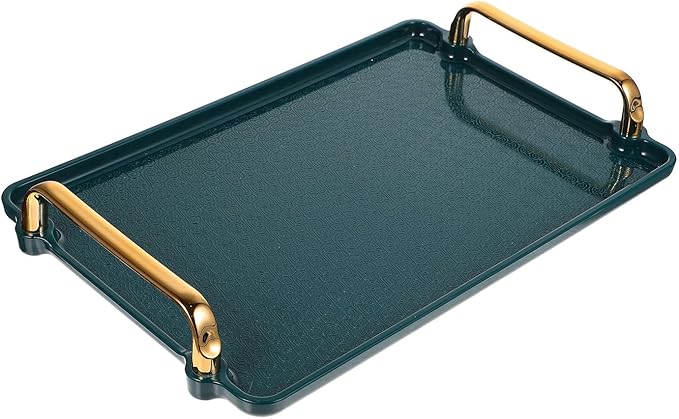 VALICLUD Rectangular Household Storage Tray with Handles, Small Textured Dark Green Tea Set Serving Tray for Kitchen and Dining Table Organization