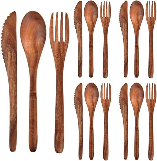 Geiserailie 12 Pcs Wooden Utensils for Eating Set Wooden Spoon Fork Knife Cutlery Set Kitchen Wood Utensils Dinner Flatware Tableware (Teak Wood)
