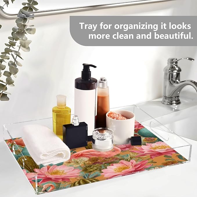 Serving Tray with Handles Clear Acrylic Tray 12x16 Inch Decorative Rectangular Tray Organizer for Ottoman Coffee Table Bathroom Orange Flamingos and Green Cactus Flowers