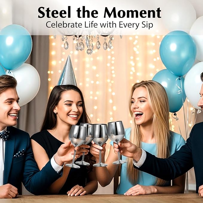 Stainless Steel Wine Glasses Set of 4, 18oz Silver Unbreakable Goblets - Outdoor Metal Cups for Travel, Camping, Pool Parties