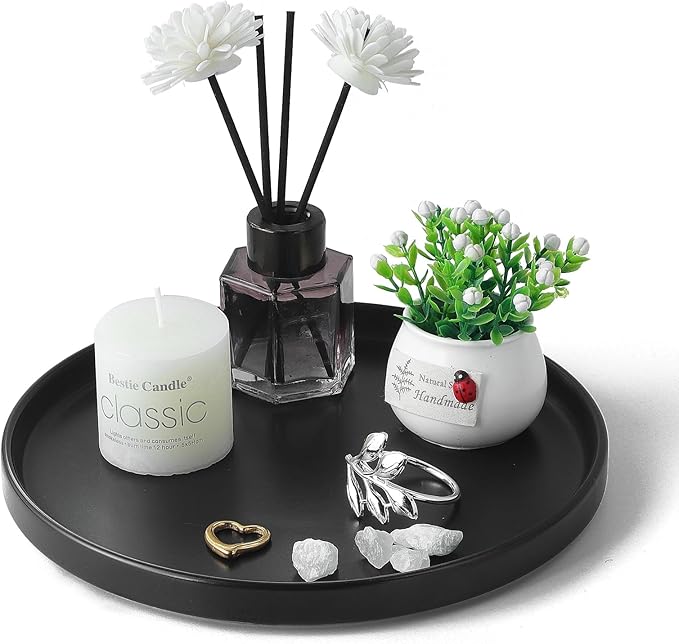 8.8" Black Ceramic Round Tray - Candle Plate Holder Tray, Decorative Vanity Trays for Bathroom Counter, Ceramic Tealight Pillar Trays, Coffee Table Decor, Perfume, Plant.