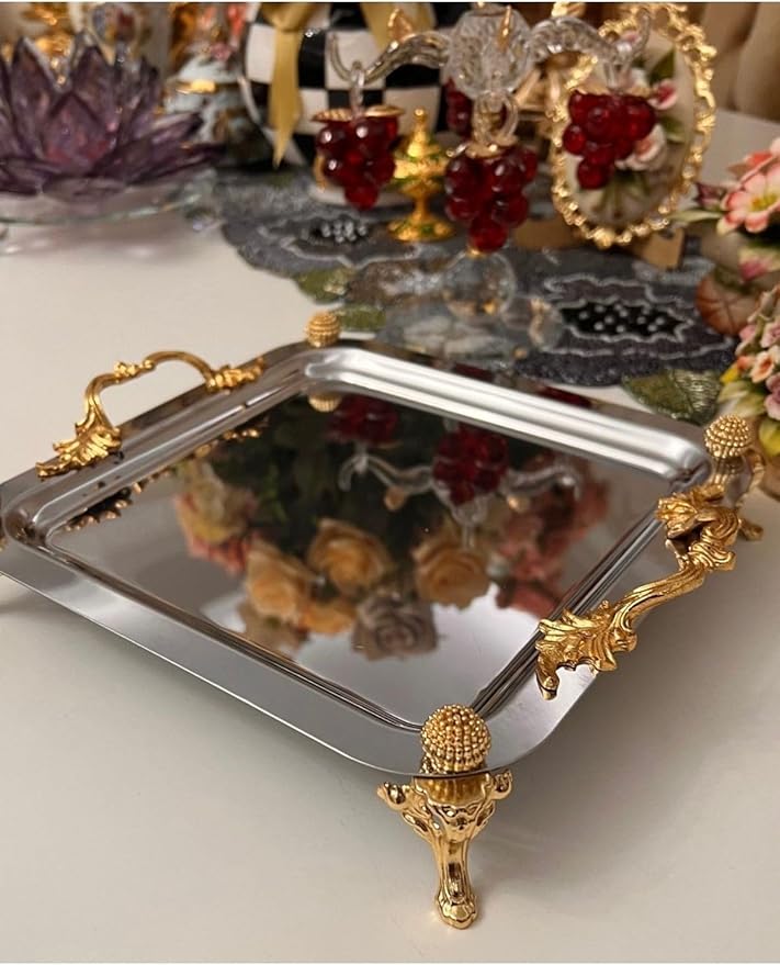 Serving Tray Square Metal Silver 8.6-Inch Decorative Plate with Stand for Tea Coffee Snacks - Silver, One Size