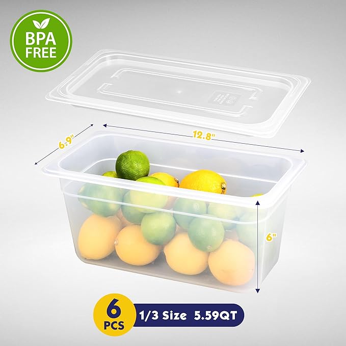 6 Pack Plastic Food Pans with Lids, 1/3 Size 6'' Deep, Translucent, Commercial, BPA-free, Stackable Storage for Restaurants, Buffets