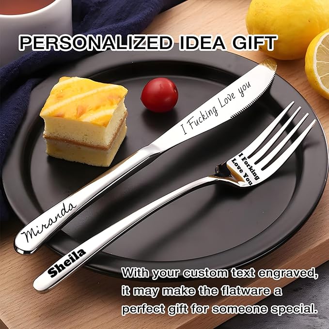 [ 3 Pack ] Custom Flatware Set, Personalized Engraving Name Text Dinner Fork/Knife/Spoon Stainless Steel Reusable Tableware, Customized Birthday Christmas Gift for New Home Party Favors Wedding