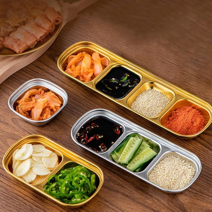 3 Piece Stainless Steel Sauce Tray, Divided DippingTray, 3 Compartment Appetizer Serving Tray for Sauce, Ketchup, Dressing, Silver, 8 X 3 Inches (3 Compartment)