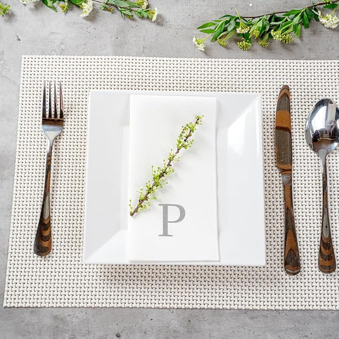 Luxenap 15.8 X 7.9 Inch Linen-Feel Guest Towels, 50 Lettered Hand Towels - Silver Letter 'P', Sans Serif Font, White Paper Dinner Napkins, airlaid, For Restrooms And Tables - Restaurantware